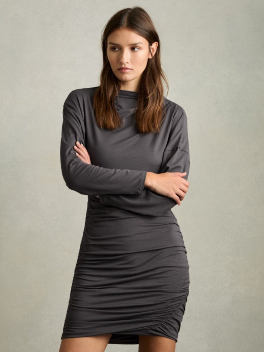 Reiss 'Ari' Ruched Jersey Blend Long Sleeve Mini Dress in Charcoal Size Medium